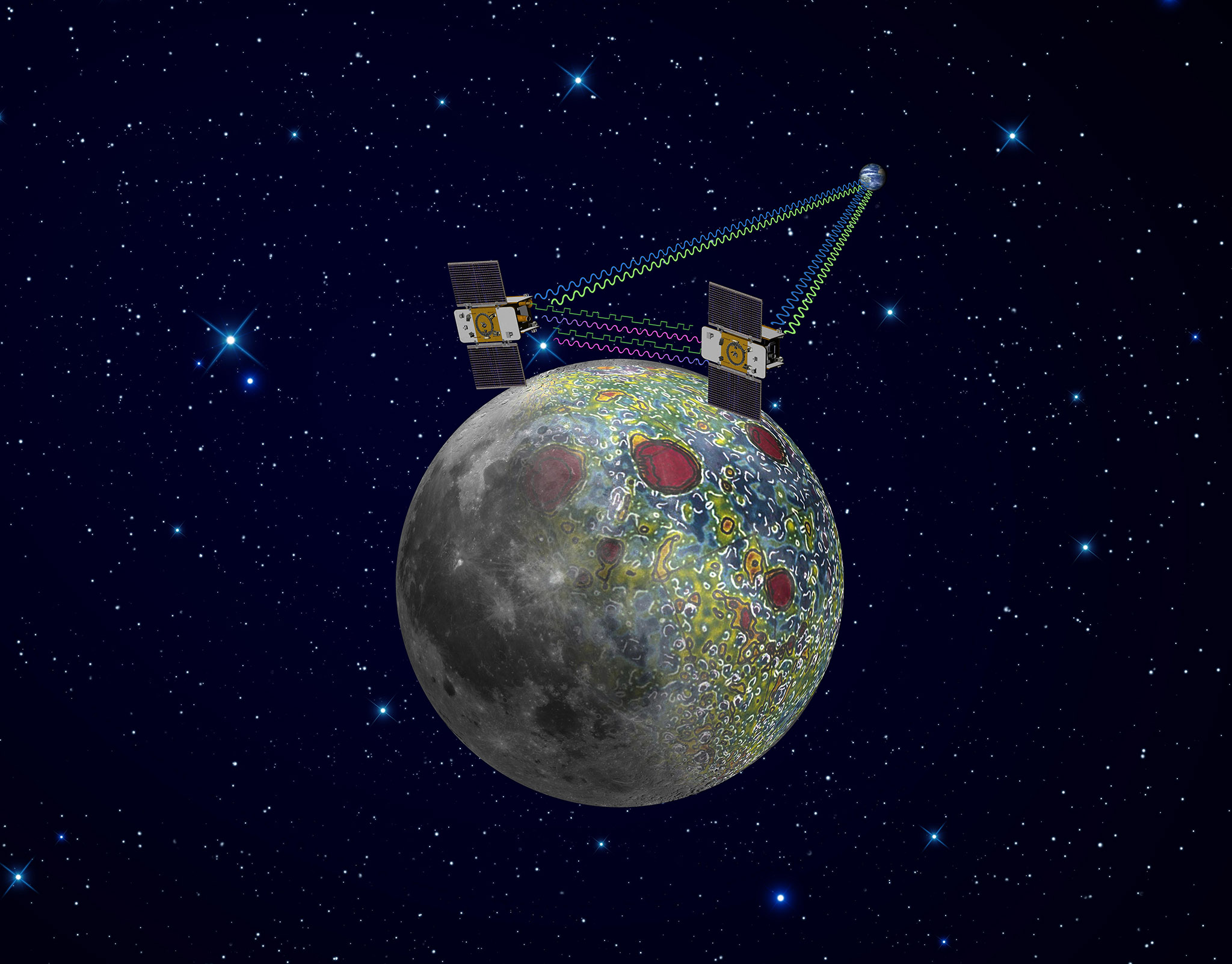 PIA14377 Using a precision formation-flying technique, the twin GRAIL spacecraft mapped the moon's gravity field, as depicted in this artist's rendering. Image credit: NASA/JPL-Caltech