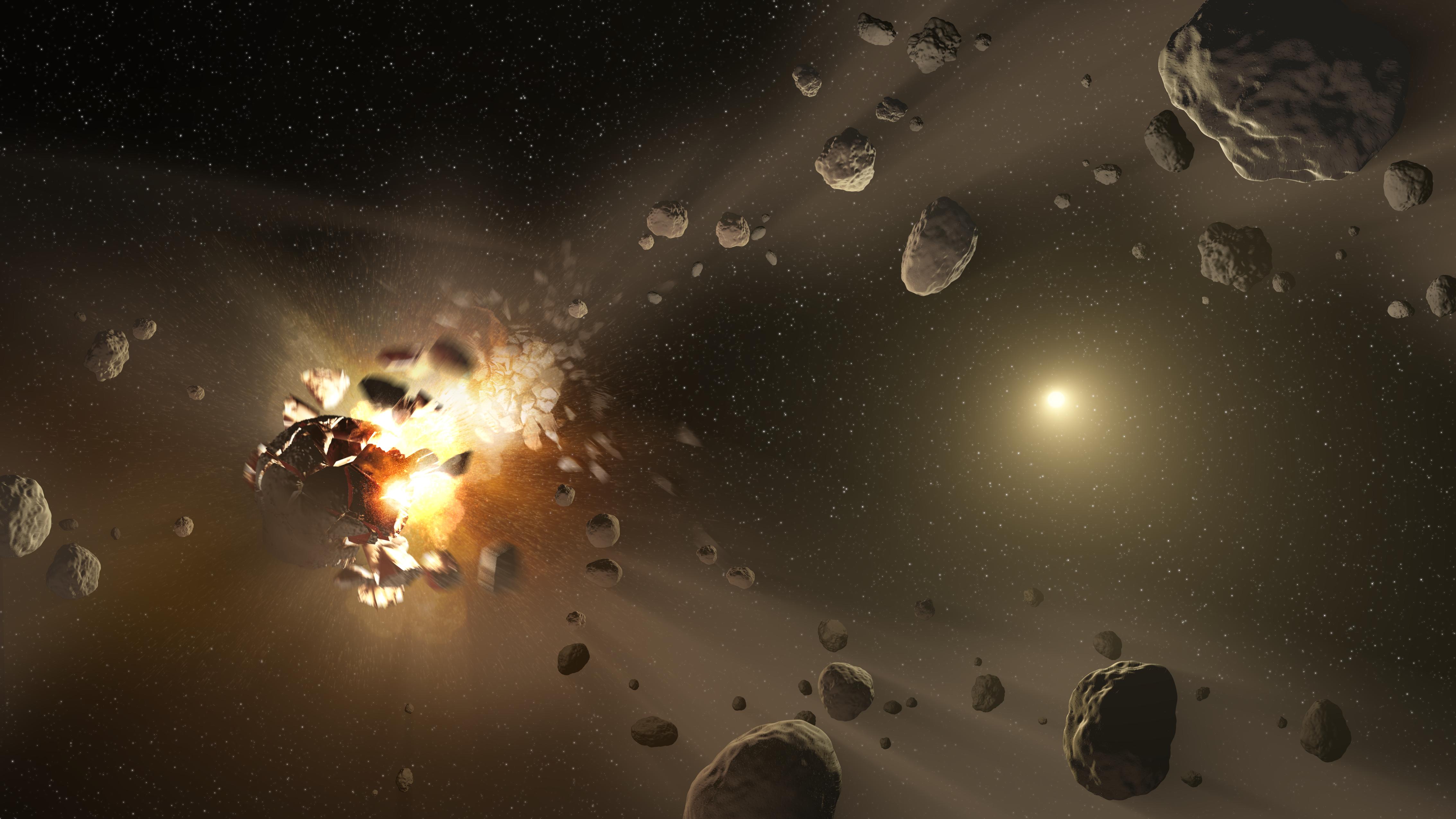 PIA17016 This artist's conception shows how families of asteroids are created. Over the history of our solar system, catastrophic collisions between asteroids located in the belt between Mars and Jupiter have formed families of objects on similar orbits around the sun. Image credit: NASA/JPL-Caltech