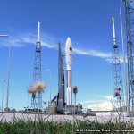After rolling out to the launch pad, a United Launch Alliance Atlas V rocket stands ready to blast off with the AEHF-3 satellite for the U.S. Air Force. Photo Credit: Matthew Travis / Zero-G News