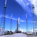 After rolling out to the launch pad, a United Launch Alliance Atlas V rocket stands ready to blast off with the AEHF-3 satellite for the U.S. Air Force. Photo Credit: Matthew Travis / Zero-G News
