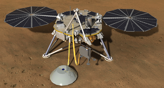 678535main_insight20120820-full This artist's rendition depicts the InSight spacecraft deploying its seismometer and heat flow experiments on Mars. Image credit: NASA/JPL-Caltech