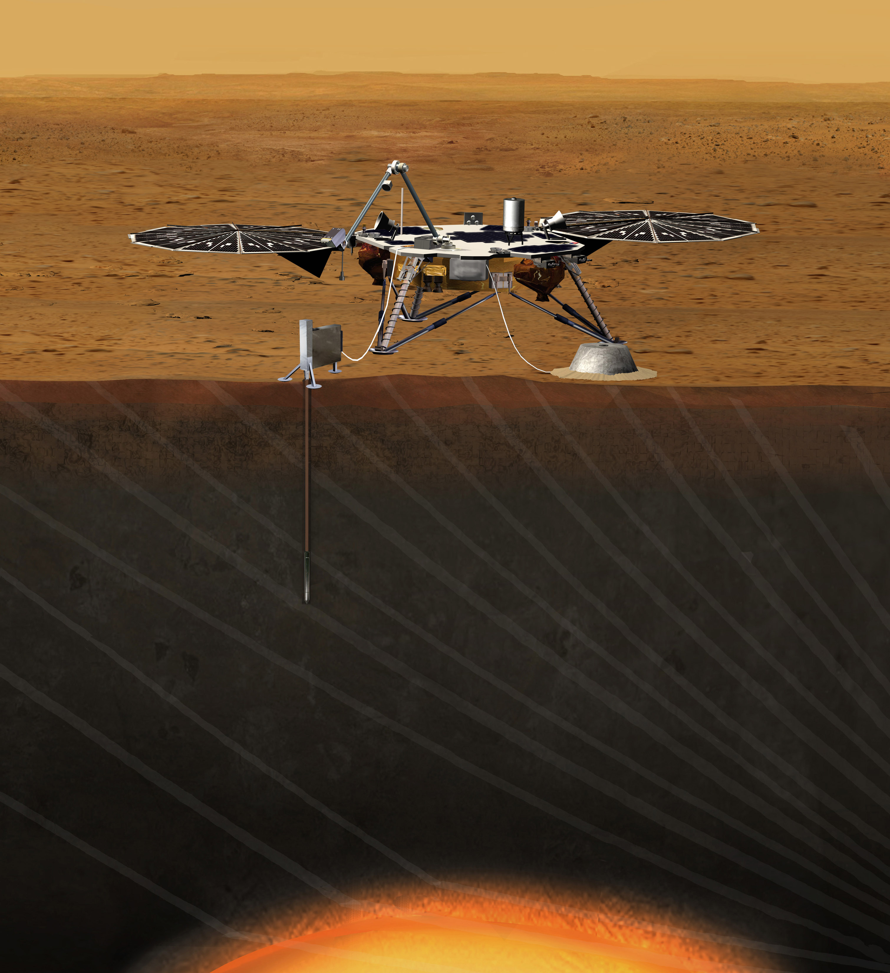 InSight_Lander_5d This artist's concept depicts the stationary NASA Mars lander known by the acronym InSight at work studying the interior of Mars. Image credit: NASA/JPL-Caltech
