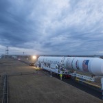 An Orbital Sciences Corporation Antares rocket is seen as it is rolled out to launch Pad-0A at NASA's Wallops Flight Facility, Sunday, January 5, 2014 in advance of a planned Wednesday, Jan. 8th, 1:32 p.m. EST launch, Wallops Island, VA. The Antares will launch a Cygnus spacecraft on a cargo resupply mission to the International Space Station. The Orbital-1 mission is Orbital Sciences' first contracted cargo delivery flight to the space station for NASA. Among the cargo aboard Cygnus set to launch to the space station are science experiments, crew provisions, spare parts and other hardware. Photo Credit: (NASA/Bill Ingalls)