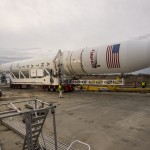 An Orbital Sciences Corporation Antares rocket is seen as it is rolled out to launch Pad-0A at NASA's Wallops Flight Facility, Sunday, January 5, 2014 in advance of a planned Wednesday, Jan. 8th, 1:32 p.m. EST launch, Wallops Island, VA. The Antares will launch a Cygnus spacecraft on a cargo resupply mission to the International Space Station. The Orbital-1 mission is Orbital Sciences' first contracted cargo delivery flight to the space station for NASA. Among the cargo aboard Cygnus set to launch to the space station are science experiments, crew provisions, spare parts and other hardware. Photo Credit: (NASA/Bill Ingalls)