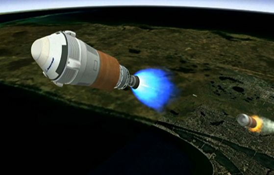 This is an artist's concept of Boeing's CST-100 spacecraft separating from the first stage of its launch vehicle, a United Launch Alliance (ULA) Atlas V rocket, following liftoff from Cape Canaveral Air Force Station in Florida. The integrated system is being developed in collaboration with NASA's Commercial Crew Program during the Commercial Crew Integrated Capability initiative. Image credit: Boeing