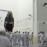 NASA showed off their newest communication satellite, TDRS-L, to the media yesterday at Astrotech's spacecraft processing facility.TDRS-L is scheduled for launch on January 23 onboard a United Launch Alliance Atlas V rocket. Photo Credit: Matthew Travis / Zero-G News