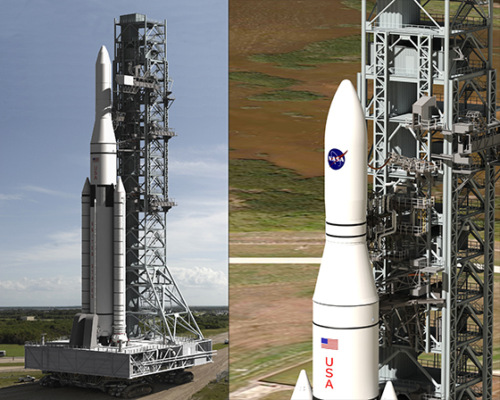 sls-configuration The initial configuration of SLS will be able to launch payloads in a five-meter-class fairing compatible with current spacecraft designs. Image Credit: NASA